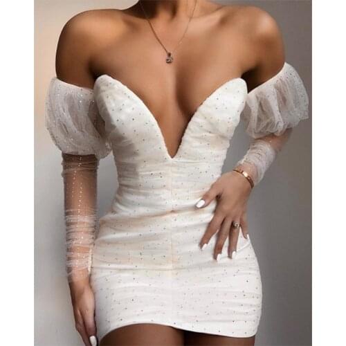 2021 Fashion Mesh Diamonds Black White Sexy Off Shoulder Women Party Dress Robe Femme Long Sleeve Casual Bodycon Vestidos CH0131