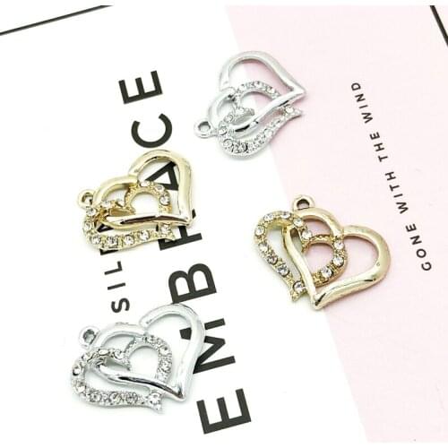 10 pcs Rhinestone Double Love Heart Metal Charms Earring Making Gold/Silver Tone Pendant Bracelet Jewelry Accessories YZ164