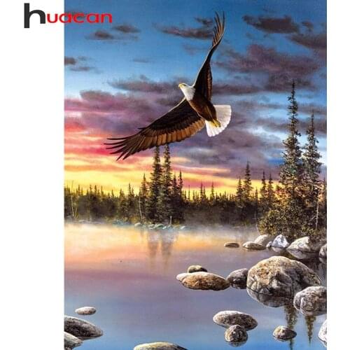 Huacan Diy Diamond Painting Eagle Wall Decor Diamond Embroidery Mosaic Sunset Lake Scenery Cross Stitch Diamond Art