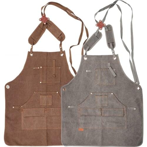 Canvas Apron with Tool Pockets For Woodworking Painting Craft Cafe Kitchen Accessories Unisex Adjustable Cross-Back Straps