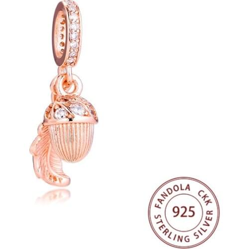 100% Real 925 Sterling Silver Acorn & Leaf Dangle Charms Beads Fits Pandora Bracelets Women Silver S925 Jewelry Making Kralen