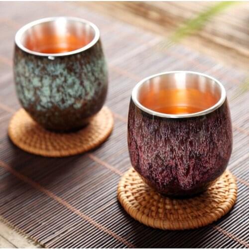 999 Sterling Silver Water Cup Ceramic Large Gilt Silver Teacup Temmoku Glaze Tea Cup Accessories Home Decor