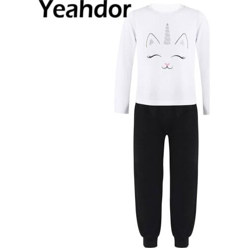 Kids Girls Summer Soft Sleepwear Pajamas Round Neck Long Sleeves Cartoon Horse Print Tops and Pants Set Nightwear Homewear