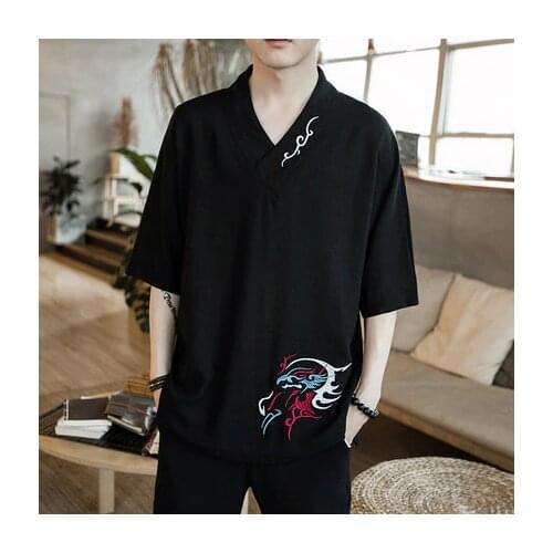 Chinese style cotton and linen t-shirt mens Chinese short-sleeved linen printing sleeves shirt large size linen T-shirt summer