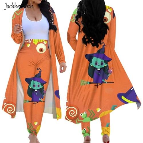 Jackherelook Happy Halloween Bat Magic Girl Ghosts Decor Print Spring Outfits for Womens 2 Piece Open Front Cardigan Pants Set