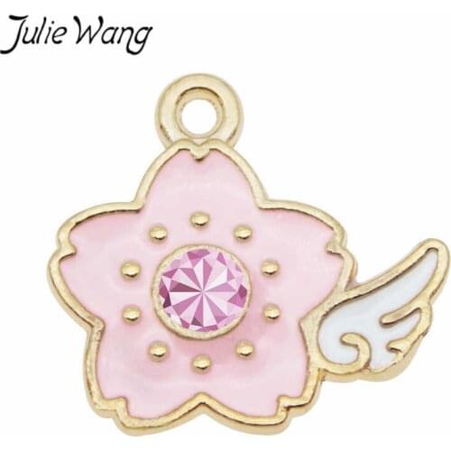 Julie Wang 10pcs Enamel Pink Flowers Wing Charms With Rhinestone Gold Tone Pendant Necklace Bracelet Jewelry Making Accessory