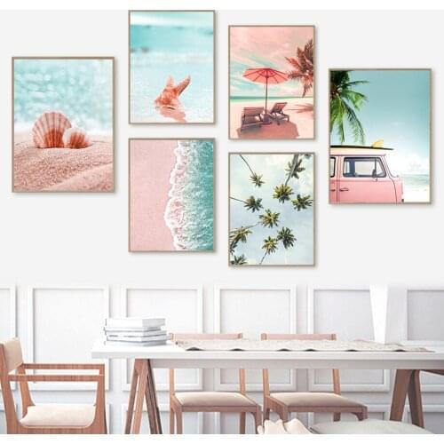 Canvas Painting Pink Car Palm Tree Beach Shell Umbrella Nordic Posters And Prints Wall Art Pictures For Home Decoration