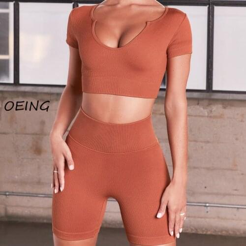 2021 Fitness Yoga 2 Piece Set Women Gym Clothes Seasmless Shorts and Short Sleeve Crop Tops Sportswear
