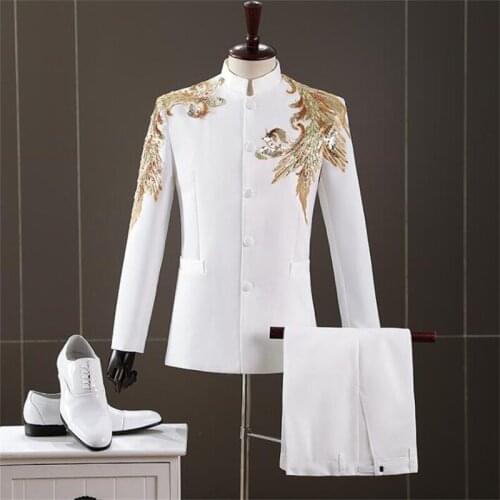 Embroidered Chinese tunic suit men sequins blazers white fashion performance costume choir stage host singer dress stand collar