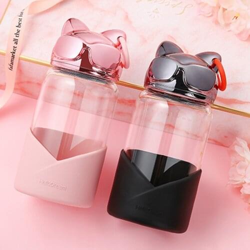 340ml Creative Cat Water Bottle Cute Cartoon Animal Glass Bottles with Silicone Insulated Cover Girl Women Drinkware Best Gift