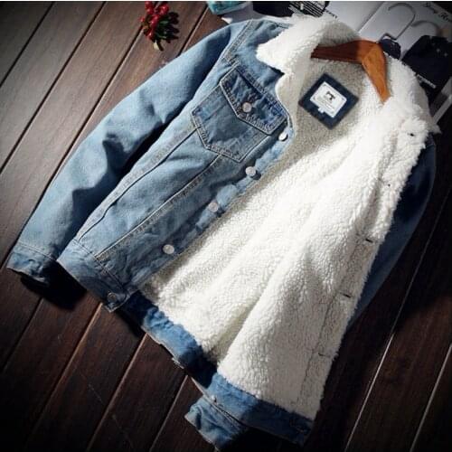 Large size winter plus velvet denim jacket mens self-cultivation thick jacket imitation lamb wool youth cotton coat