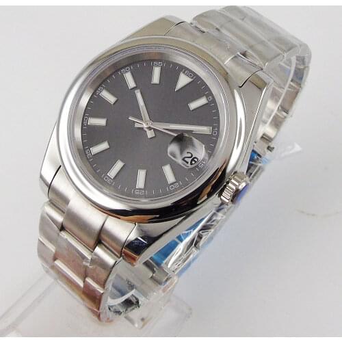 36mm Dress Polished Bezel Automatic Men Wristwatch MIYOTA 8215 Brushed Bracelet Date Magnifier Solid Back