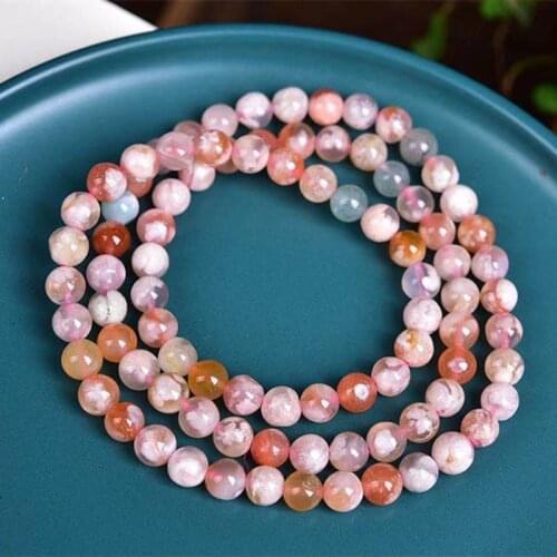 Natural Flower Agate Beads Stone Necklace Cherry Blossom Agate Crystal Bracelet Feng Shui Healing Stone Ornament