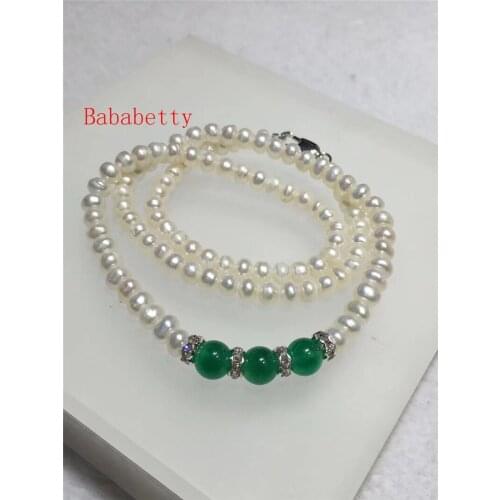 New Natural freshwater pearl white 7-8 mm irregular shaped and natural stone necklace 18inches