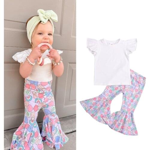 1-6Y Fashion Summer Girls Clothing Sets Toddler Kids Girls Solid Fly Sleeve Tops+Printed Flare Pants Tracksuits Outfits