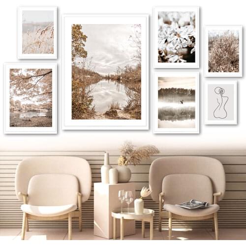 Lake Tree Reed Magnolia Lines Autumn Landscape Wall Art Canvas Painting Posters And Prints Wall Pictures For Living Room Decor