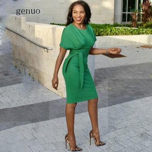 Elegant Women Office Dress Summer Pencil Dress Short Sleeve Female Robe Bandage Belt Vestidos Women Fashion Slim Dresses