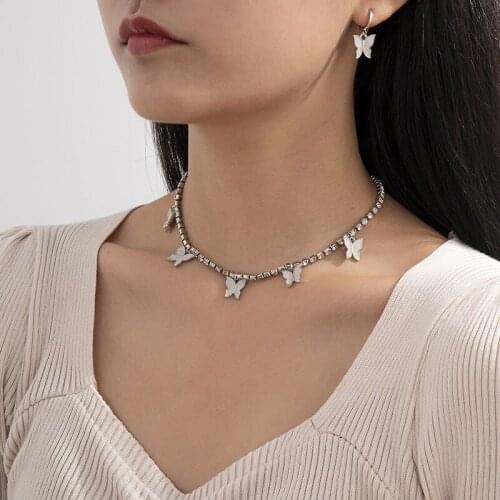 Luxury Crystal Butterfly Drops Hoop Earrings Necklaces Gold Silver Color Rhinestone Chains Choker for Women Jewelry Set EH23