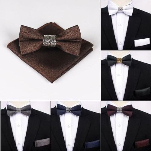 Luxury 2 PCS Mens Solid Color Pocket Square Bows Tie Set Adjustable Handkerchief Bowtie Sets Wedding Party Metal Plaid Hanky Lot