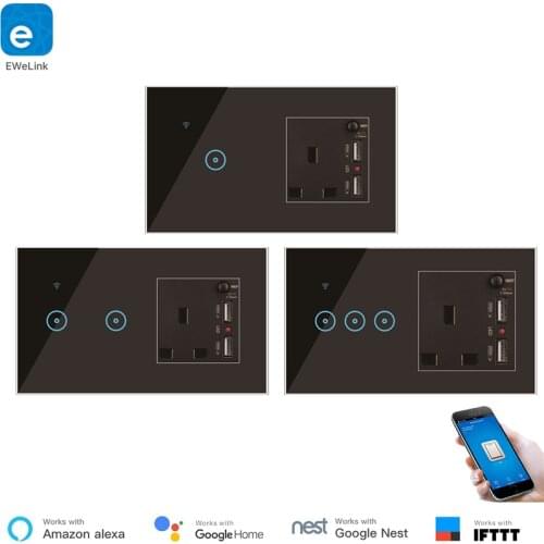UK Standard WiFi Switch Socket 2 in 1 220V Wireless Control USB Charger eWelink APP Control Alexa Compatible IFTTT Support