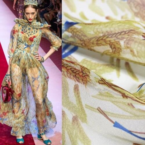 Spring and summer new catwalk models hand-painted straw printing chiffon fabric polyester printing clothing fabrics fashion