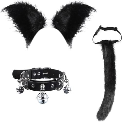 Sexy Anime Fox Fairy Tail Ears Halloween Adult Flirting Women with Dog Tail Bell Collar Plush Suit BDSM Slave Cosplay Bondage