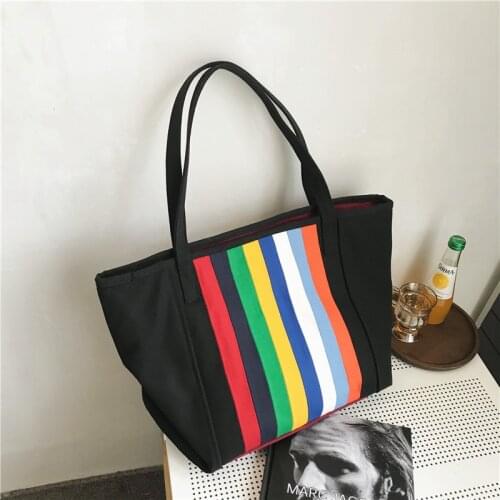 Large capacity Shoulder Bag The rainbow stripe 100% Cotton Leisure Bag Brand High Quality Shopping Bag for Women Female Package