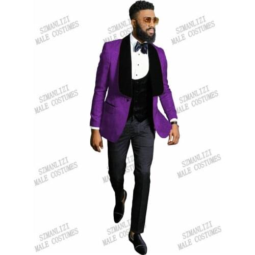 SZMANLIZI Men Wedding Suit 2021 Slim Fit Purple Jacquard Suits For Men Groom Tuxedo Jacket 3 Piece Set Custom Best Man Blazer