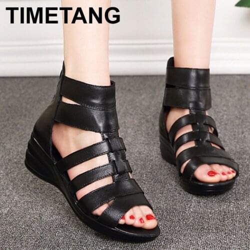 TIMETANG New Summer Female Sandals Genuine Leather Soft Outsole Comfortable Women Sandals Shoes Open Toe Women WedgesSandalsE340