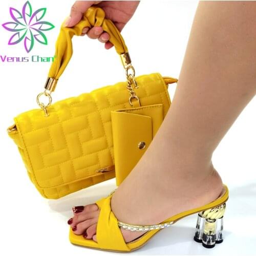 2021 Slippers Sweet New Design Yellow Color Matching Shoes and Bag Set In Heels African Multi Pointed Toes Pumps for Party