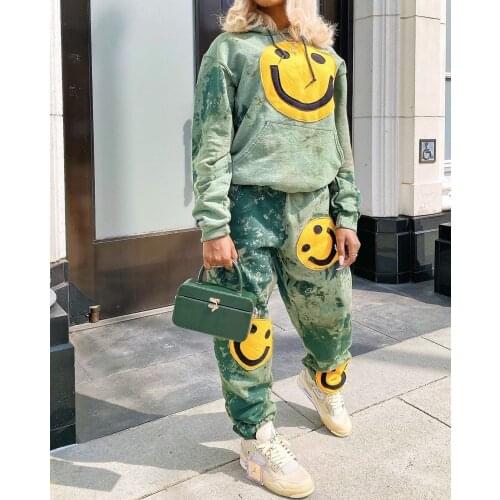 Ueteey New Two-piece Fashion Streetwear Casual Smiley Face Print Women Pant Set