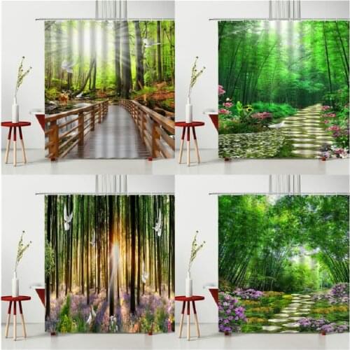 Spring Scenery Waterproof Shower Curtains Forest Path Bathroom Screen Bath Curtain Multiple Size Polyester Cloth With Hooks