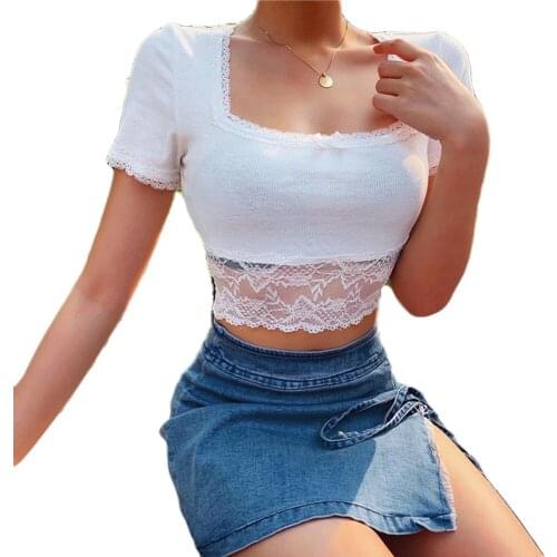 Women Summer Short Top Shirt Short Sleeve Low Chest Ribbed Crop Tops Lace Patchwork Pullover T-Shirt Sexy Slim-Fit Lace Hem Tees