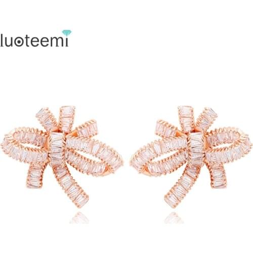 LUOTEEMI Europe Hot Sale Luxury Super Star Design Sparkling Cubic Zirconia Women Wedding Big Bowknot Stud Earring