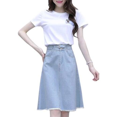 Fashion suit skirt female 2020 new summer high waist denim skirt two-piece short-sleeved top Fresh Ladies Set A852