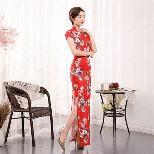 New Women Long Cheongsam Dress Floral Slim Vintage Plus Size Dresses Summer Thin Sexy Qipao S To 4XL Green Red