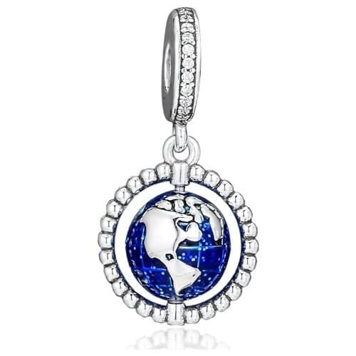 2019 Summer Spinning Globe Pendant Charms for Silver 925 Original Bracelets Women DIY Blue Ball Travel Charms for Jewelry Making