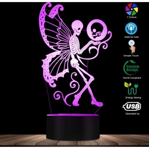 Dead Skull Fairy 3D LED Night Lamp Gothic Skeleton Moth Butterfly Lighting Decor Table Lamp With Color Changing Effect USB Light