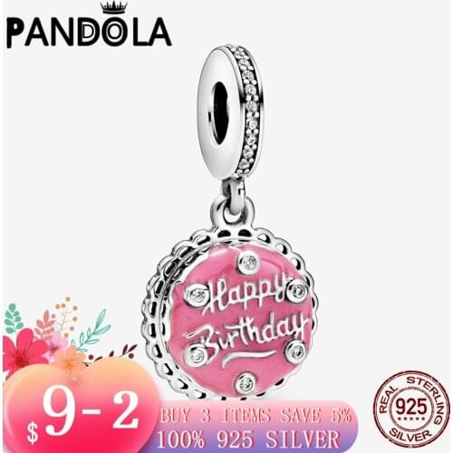 925 Sterling Silver Pink Happy Birthday Cake Dangle Charms Fit Original Pandora Beads Bracelet Jewelry Birthday Gift Girlfriend