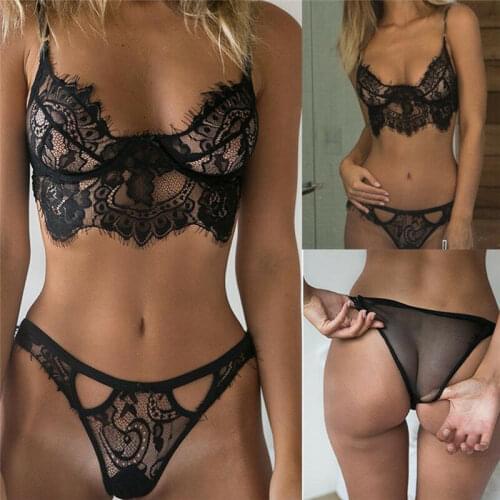 2pcs/Set Womens Sexy Lace Bra+G-String Thongs Sleepwear Underwear Nightwear Elegant Underwear Hollow Out Exotic