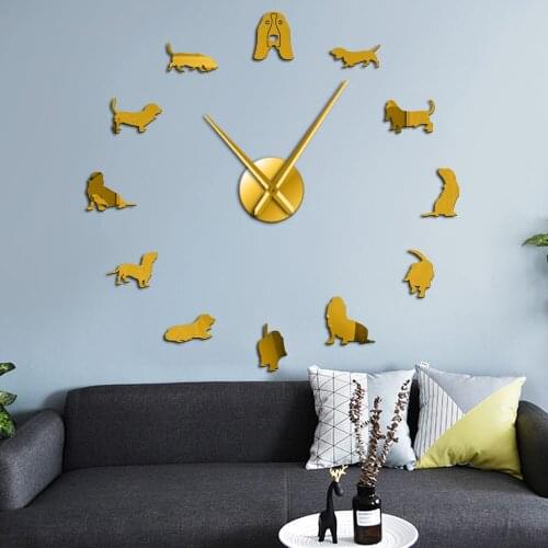 Basset Hound Dog Acrylic Mirror Surface DIY Wall Clock Dogs Breed Pet Shop Kit Decoration 3D Big Clock Watch Size Adjustable