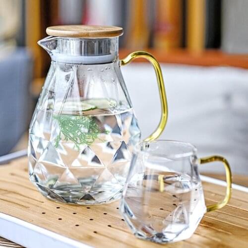 1.8L Diamond Transparent Glass Kettle Hot and Cold Water Heat-resistant Coffee Teapot Wooden Lid Household Drinking Set