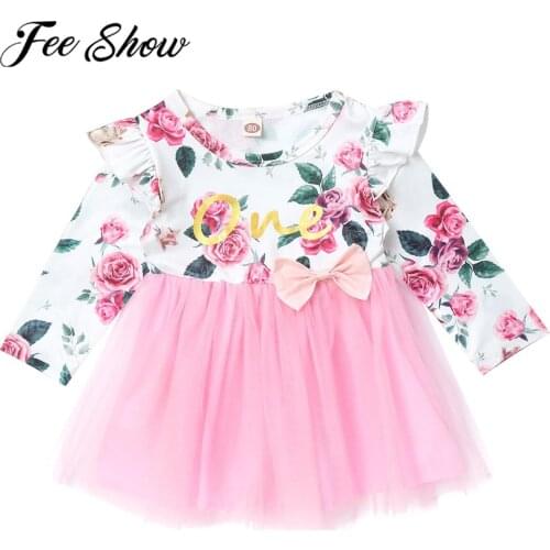 Infant Baby Girls Princess Dresses Autumn Winter Printed Floral Long Sleeves Newborn Baby Clothes Birthday Tulle Mesh Dress
