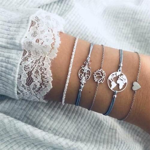 HOCOLE Bohemian Charm Bracelets Bangles For Women Fashion Silver Color Heart Map Flower Chain Bracelet Sets 2019 Fashion Jewelry