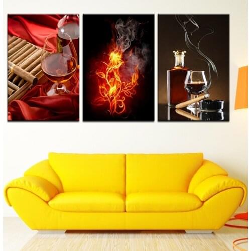 Canvas Painting Red wine and cigarette fire 3 Pieces Wall Art Painting Modular Wallpapers Poster Print living room Home Decor