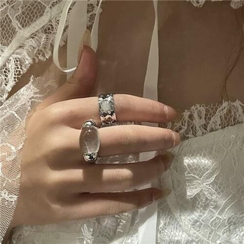 FFLACELL Ins New Design Sense Lava Texture Gemstone Open Ring Oval Transparent Stone Wide Version Women Ring