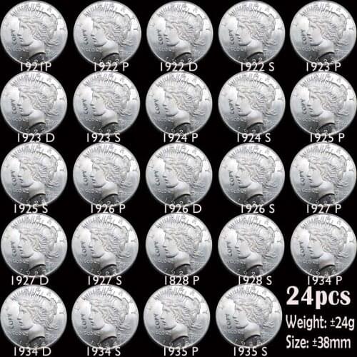 US Coin 24pcs Full Set 1921-1935 Peace Dollar Plating Silver Copy Coin Collection