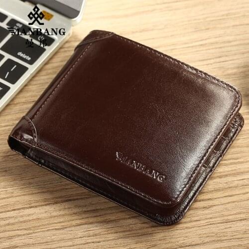 MANBANG Mens Wallet Brown/Black Genuine Leather Card ID Trifold Credit Money Clip Holder Purse Christmas Father Gift