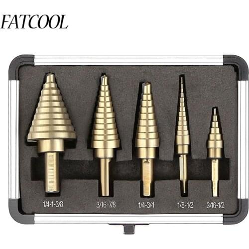 FATCOOL 5pcs/Set 50 Sizes HSS Step Drill Cone Drill Bits Set band Aluminum Case