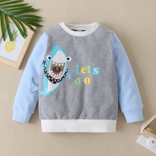 New Cotton Kids Clothes Letter Cute Cartoon Shark Patchwork Long Sleeve Sweater Tops Comfortable Sport Baby Boy Clothes 1-6Y